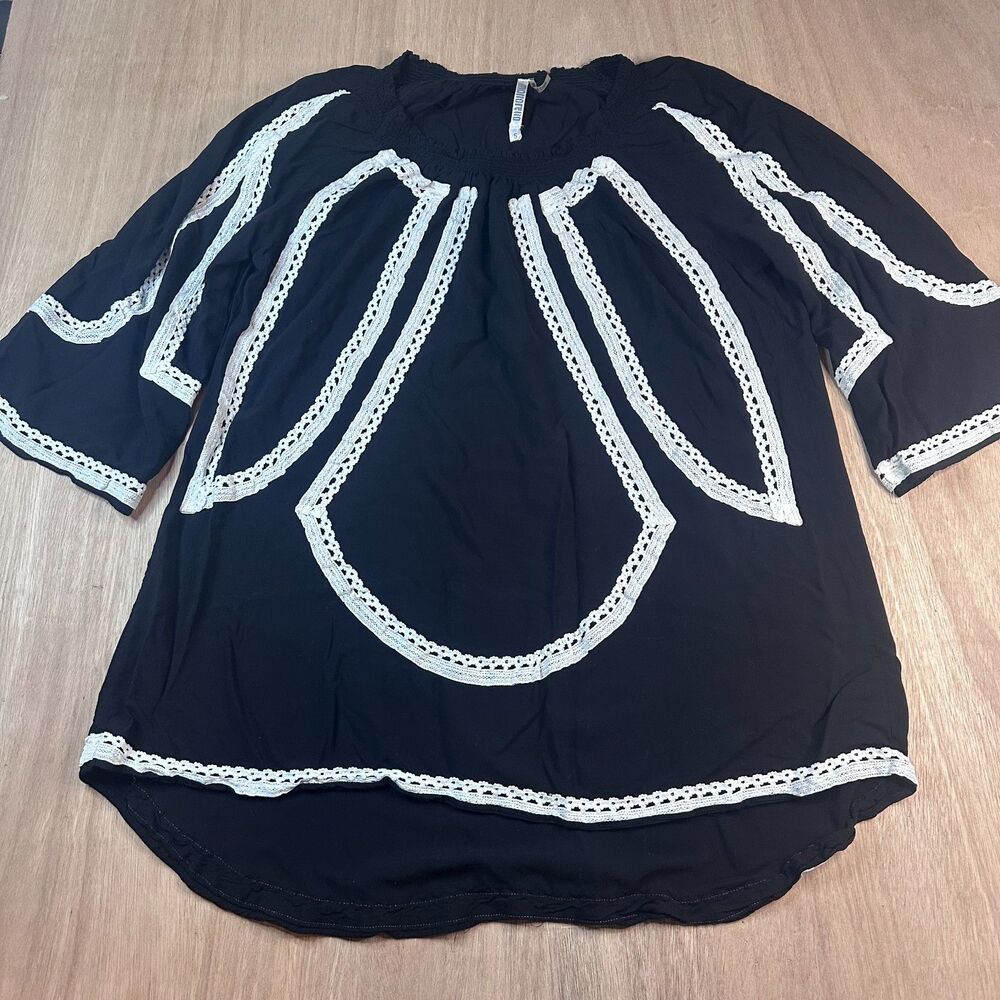 Monoreno Black Boho Tunic Top S Crochet Lace Trim